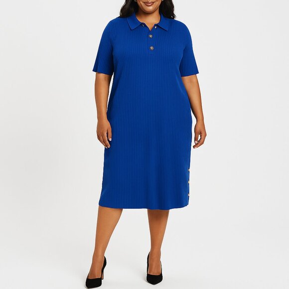 Royal Ribbed Polo Dress Size 2X Chic Knit with Gold Button Detail - Picture 1 of 6